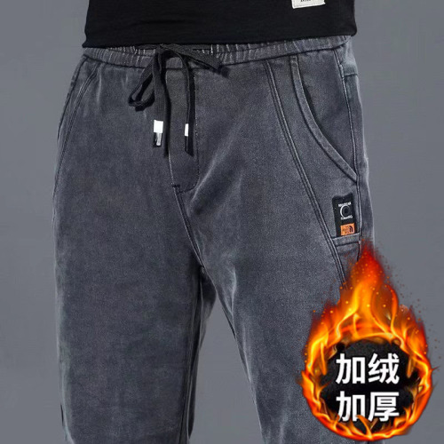 Work pants men's jeans autumn winter lined thick slim fit gray long pants versatile fashion brand labor protective workwear