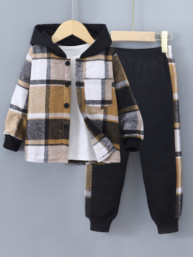 Cross-border Bestseller: Boys' Autumn/Winter New Long-Sleeved Plaid Color-Block Hooded Two-Piece Set (Top + Pants)