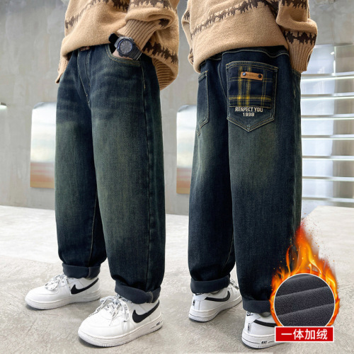 Children's Fleece Lined Pants - One Piece Fleece Denim for Boys - Winter New Arrival Loose Long Pants with Fleece and Thicken - Cool