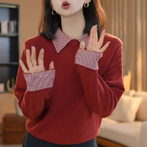 【Arctic Wool】Spring and Autumn New Polo Collar Striped Pseudo Two-Piece Knit Sweater for Women, Elegant Pullover Top