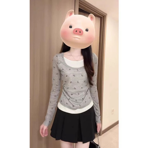 Chenling【Original Quality】Academic Style Niche Butterfly Knot Print Pseudo Two-Piece Long-Sleeve T-Shirt for Women Pure Desire Style Top