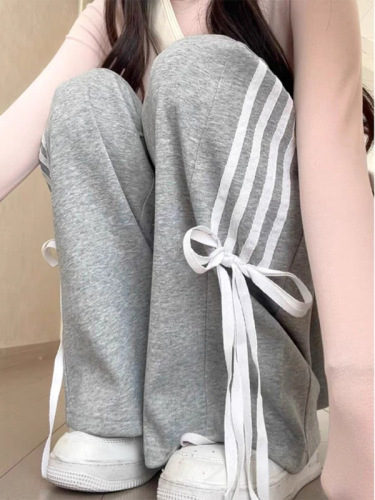 Women's Spring and Autumn Casual Long Pants with Student Butterfly Knot Belt Loose Sport High-Waisted Straight Leg Wide Leg