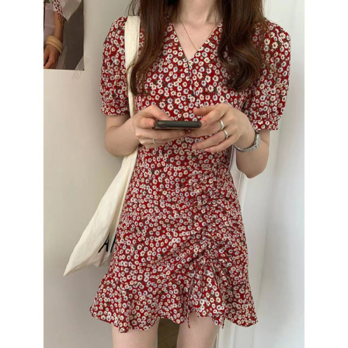 Floral Dress for Women, French Bubblesleeve Summer Fitted Waist Tied String Daisies Fish Tail Short Dress
