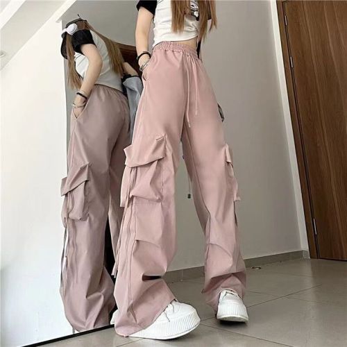 Women's Summer Thin American Retro Quick Dry Workwear Leisure Pants Straight Leg with Braid Loose Floor-Length Wide Leg Pants