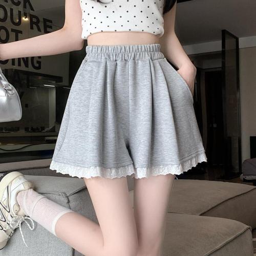 Lace edge casual shorts for women, summer Korean style, high-waisted loose home sports A-line wide-leg hot pants, wearable outdoors