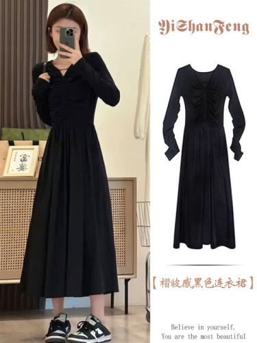 Hepburn-style black long-sleeve dress for early autumn women's French long dress for petite figures