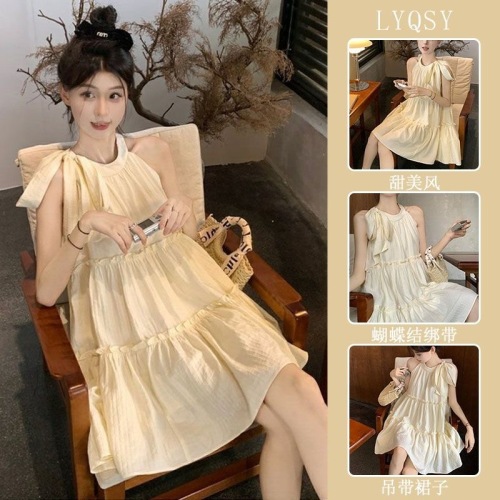 French sleeveless V-neck dress for women, summer temperament sweet princess cake dress, petite strap doll short skirt