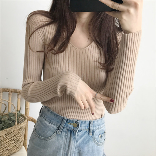 Women's Autumn/Winter V-Neck Slim-Fit Pullover with Hidden Design: Wholesale Ribbed Tight-Fitting Long-Sleeve Knitted Base Layer