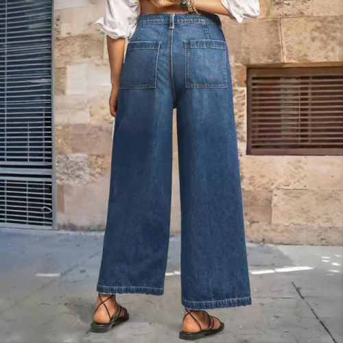 Elastic mid-rise wide-leg plus-size denim jeans, retro wash, frayed cuffs, diagonal pockets, nine-piece pants