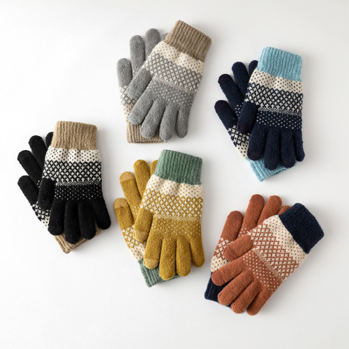 Knitted gloves for men and women, velvet, thickened, cold-proof touch screen, split-finger jacquard warm outdoor cycling gloves