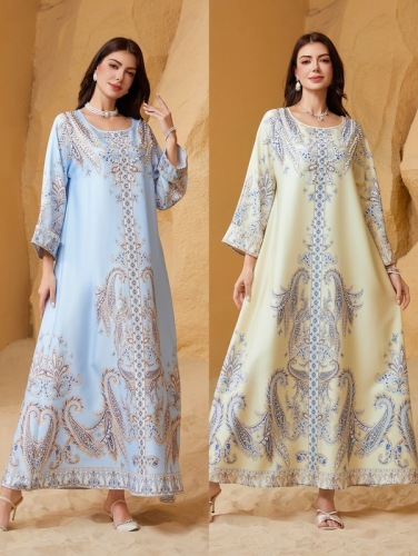 ZD011 Dubai ins Muslim women's robe beaded print dress round neck Abaya Middle Eastern style diamond