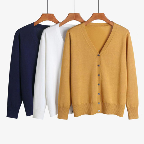 Spring new V-neck wool knitted cardigan for women, loose, simple and versatile long-sleeved button top jacket