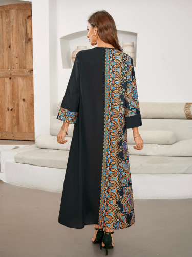 Cross-border real shot hot sale Muslim print splicing long dress elegant Middle Eastern long dress