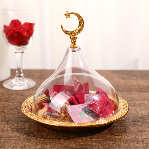 Factory direct sales European elegant and atmospheric alloy solid color carved disc portable acrylic cover cake dessert plate