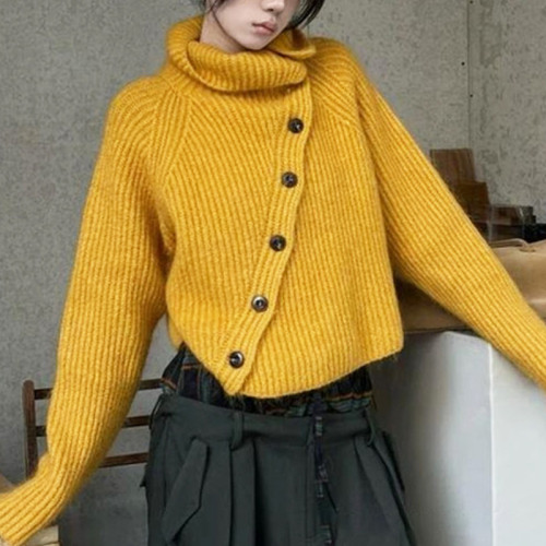 Autumn and winter lazy and high-end new style knitted cardigan soft waxy top for women Korean style irregular turtleneck sweater for women