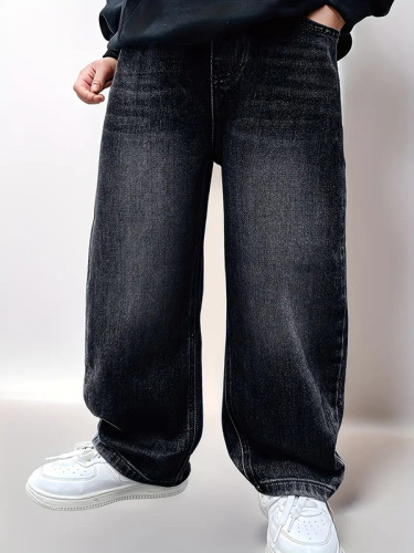Children's retro jeans, handsome boys' pants, spring and autumn, medium and large children's velvet wide-leg pants, modern straight-leg pants
