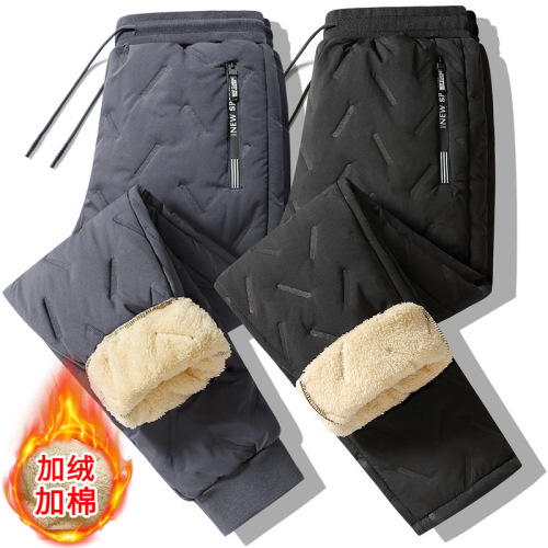 Large winter windproof and waterproof lined cotton pants with lambskin for men, thick outdoor sports casual pants for men