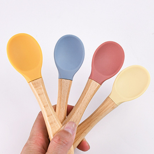 Silicone Wood Handle Single Spoon Silicone Baby Spoon Food Feeding Utensil Anti-Slip Food Grade Silicone Wood Handle Spoon