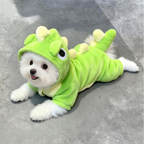 Dog clothes keep warm in winter, cute dinosaur transformation suit, teddy bear pet, traction four-legged clothes to prevent hair loss