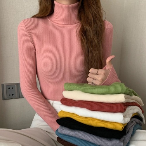  New Colorful Autumn/Winter Solid Color Basic Matchable Knit Top Classic High Collar Long Sleeve Base Shirt