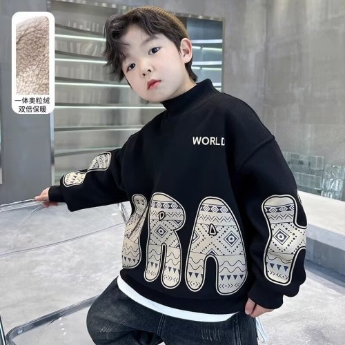 Boys' Padded Crew Neck Sweatshirt Half High Collar Autumn/Winter 2024 New Arrival Large Children Winter One-piece Fleece Thick Top Stylish Trendy