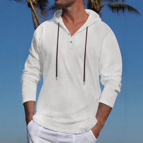 New Spring/Summer Men's Hoodie T-Shirt—Solid Color, Long Sleeve, Cotton-Linen, Simple & Casual Shirt – Europe and US Style