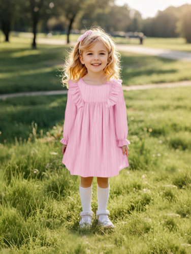European and American-style girls' spring and autumn dress, ruffled long-sleeved casual skirt for babies, solid-color Korean-style everyday A-line skirt.