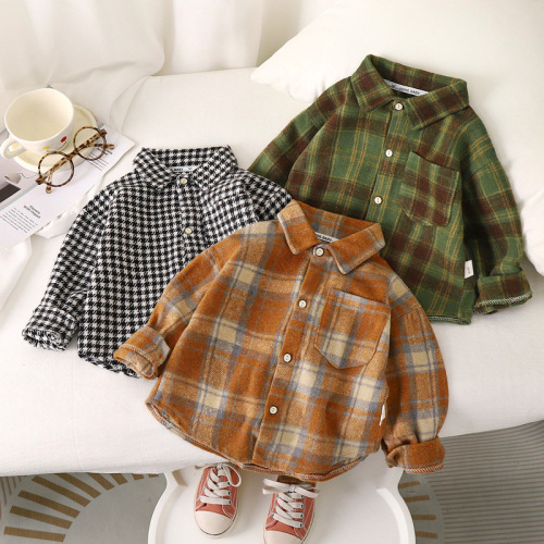 Children's Fall Long-Sleeve Shirt  Casual Medium and Large Kids Plaid Collared Shirt for Boys and Girls, Stylish and Trendy