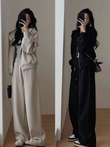 Languid Autumn Casual Sports Fashion Set for Women, K-Drama Heroine Short-Sleeve Jacket and Floor-Length Wide Leg Pants Two-Piece Set