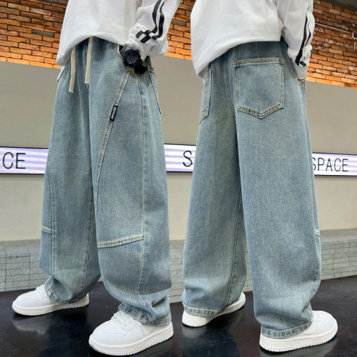 Children's denim pants for boys, straight-leg, soft and stylish, new autumn and spring wear, thin, suitable for middle and large children, wide-leg casual pants