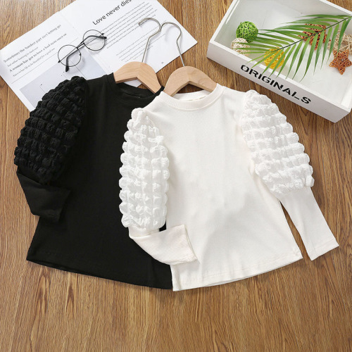 Girls' bottoming shirt 2024 spring new white T-shirt top puff sleeves round neck medium and large children's clothing girls fashionable