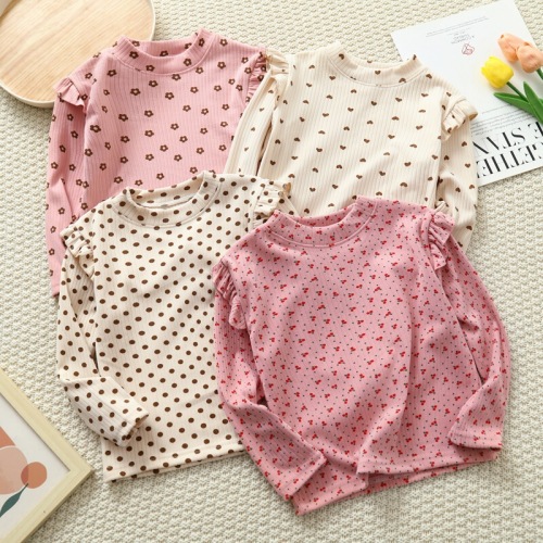Women's Autumn/Winter New Floral Short Sleeve Base Shirt Round Neck Long Sleeve T-Shirt Baby Girl Kid's Fashion Outfit Child Clothing