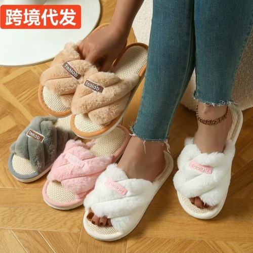 Factory Direct Supply Cross-Border New Linen Floor Mat Fashion Trend Four Seasons Home Slippers Couple Gift Wholesale