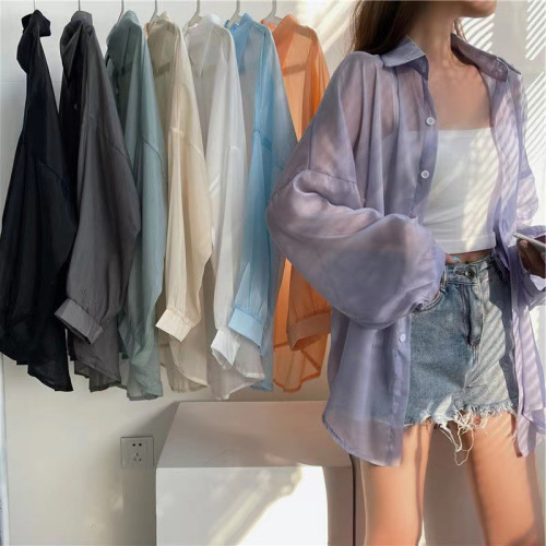 Pearl bright gauze sunscreen shirt for women 2025 summer design thin style slightly transparent long sleeves chic casual loose shirt