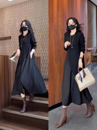 Fake two-piece irregular dress for women in autumn and winter, slimming inner layer, long-sleeved splicing skirt, mid-length