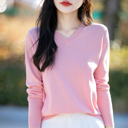 100 cotton spring new style V-neck knitted long-sleeved soft loose pullover simple solid color western style bottoming shirt for women