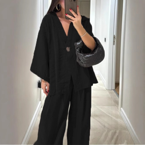 2026 women's fashion casual suit V-neck one-button loose long-sleeved top high-waisted trousers two-piece set
