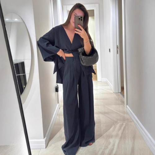 Women's fashionable casual suit V-neck one-button loose long-sleeved top high-waisted trousers two-piece set