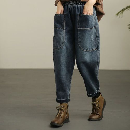 2025 New Elastic Waist Denim Seven-Eighth Pants Bootcut Father Jean Wide Leg Pants Retro Distressed High-Waist Plus Size Pants