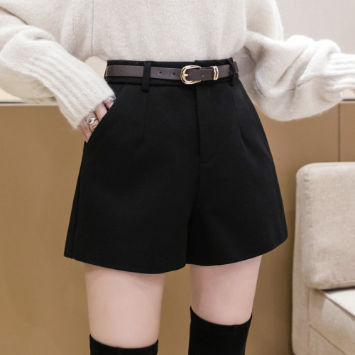 Black Woolen Suit Shorts for Women Spring Outerwear Base Boot Pants Fashion High-Waisted Loose Casual A-Line Wide Leg Pants