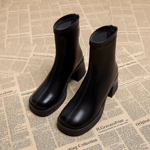 High-heeled Martin boots for women in autumn and winter new style British style round toe thick heel back zipper women's short boots trendy for small people
