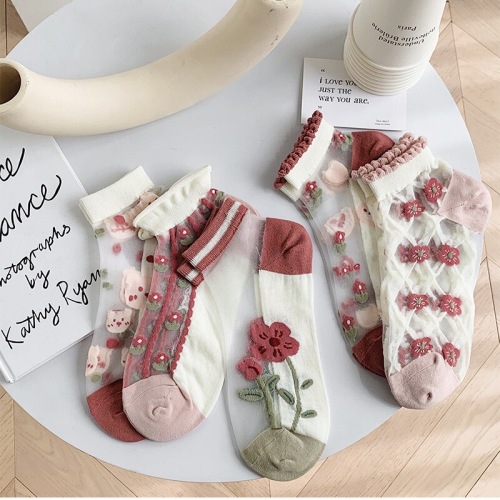 Crystal Socks for Women Glass Silk Summer Tulip Thin Pink Socks Cute Lace Wholesale Socks for Women Cards