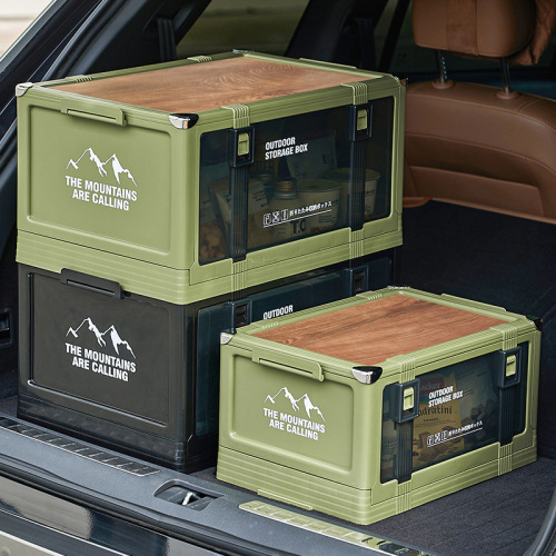 Outdoor camping box, camping vehicle rear cargo organizer, travel essential, wooden lid, foldable and stackable, thick storage box, plastic
