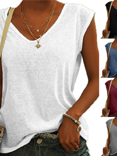 Extended solid V-neck loose t-shirt Extended simple solid color V-neck loose T-shirt