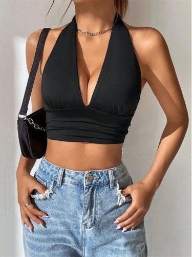 Solid V-neck halter with exposed navel Solid color low-neck hanging neck top