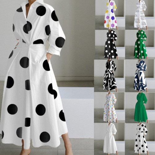 European and American dress, new commuting fashion POLO collar shirt skirt, long-sleeved elastic waist, big swing dress