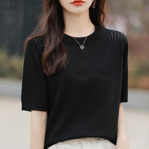 Summer solid color hollow knitted ice silk short-sleeved new design half-sleeved women's top for middle-aged mothers