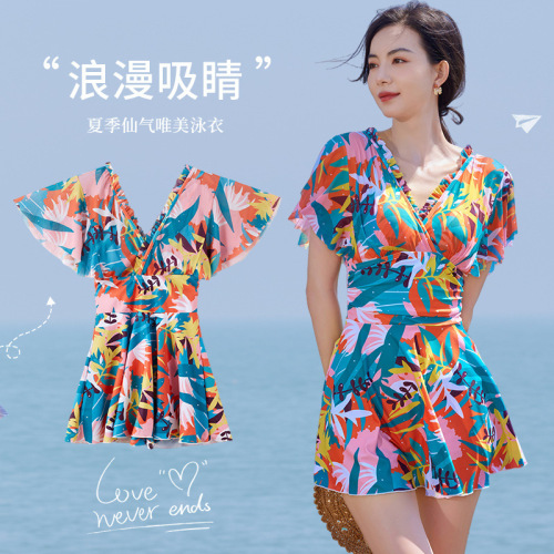 V-neck high waist slimming belly-covering one-piece swimsuit women's sexy hot spring swimwear beach cool swim skirt mesh suit