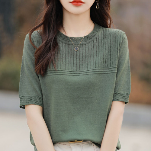 Summer solid color hollow knitted ice silk short-sleeved new design half-sleeved women's top for middle-aged mothers