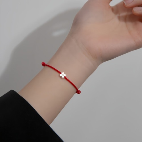 Zodiac year plated S925 sterling silver Korean style simple and fashionable four-leaf clover red rope bracelet summer small fresh hand jewelry